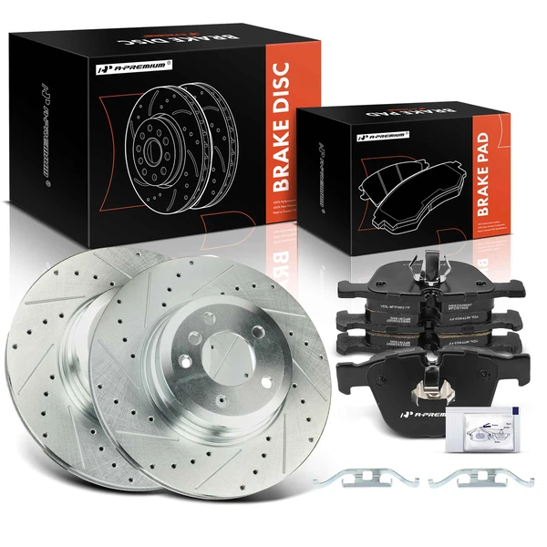 2007-2018 BMW X5 Drilled & Slotted Disc Brake Rotors and Ceramic Pads Kit, 6 Pcs, Rear Driver & Passenger, A-Premium, APBRPS1232