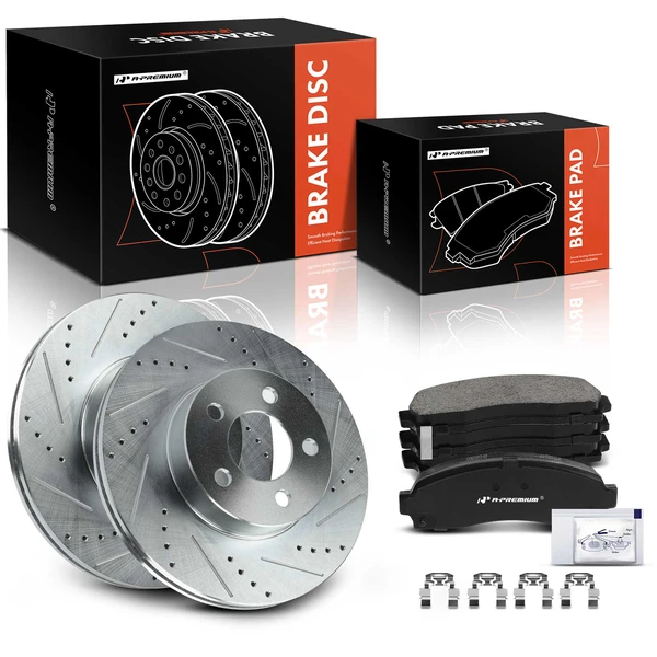 2001-2003 Ford Explorer Sport Drilled & Slotted Disc Brake Rotors and Ceramic Pads Kit, 6 Pcs, Front Driver & Passenger, A-Premium, APBRPS369
