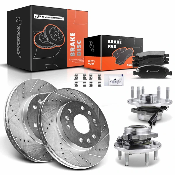 2008-2014 Cadillac Escalade Drilled & Slotted Disc Brake Rotors and Ceramic Pads Kit with Calipers, 8 Pcs, Front Driver & Passenger, A-Premium, APBRPS568