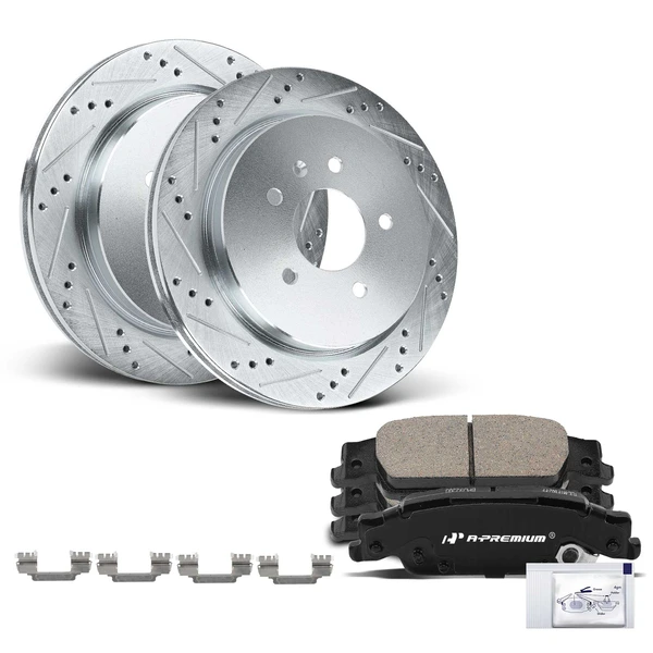 2003-2007 Cadillac CTS Drilled & Slotted Disc Brake Rotors and Ceramic Pads Kit, 6 Pcs, Rear Driver & Passenger, A-Premium, APBRPS960