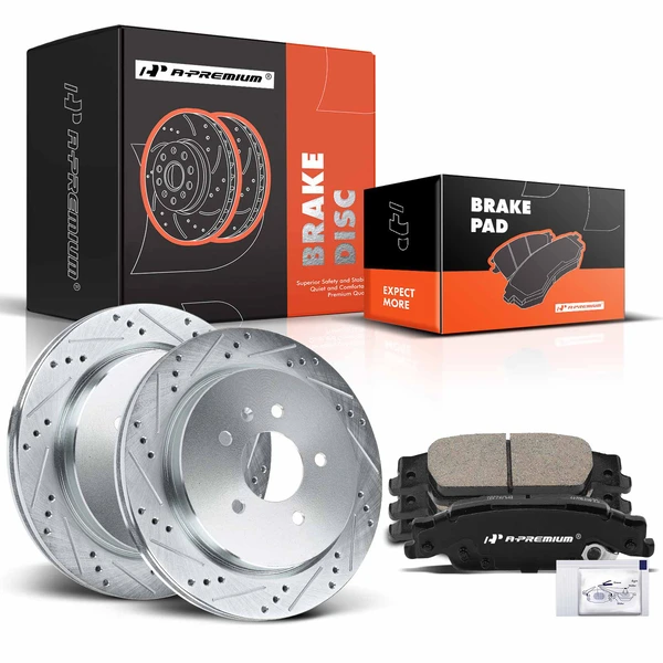 Drilled & Slotted Disc Brake Rotors and Ceramic Pads Kit, 6 Pcs, Rear Driver & Passenger, A-Premium, APBRPS960