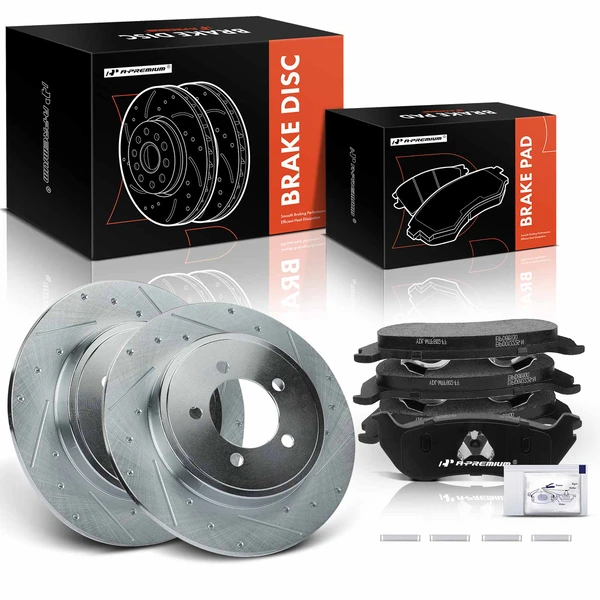 2002-2005 Mercury Mountaineer Drilled & Slotted Disc Brake Rotors and Ceramic Pads Kit, 6 Pcs, Rear Driver & Passenger, A-Premium, APBRPS372