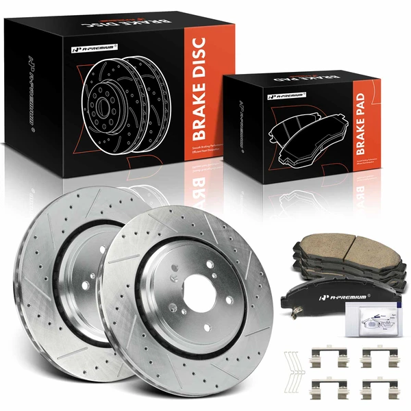 2014-2016 Acura MDX Drilled & Slotted Disc Brake Rotors and Ceramic Pads Kit, 6 Pcs, Front Driver & Passenger, A-Premium, APBRPS1222