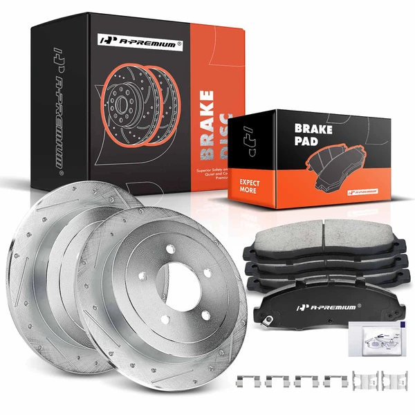 2000-2003 Ford F-150 Drilled & Slotted Disc Brake Rotors and Ceramic Pads Kit, 6 Pcs, Rear Driver & Passenger, A-Premium, APBRPS103