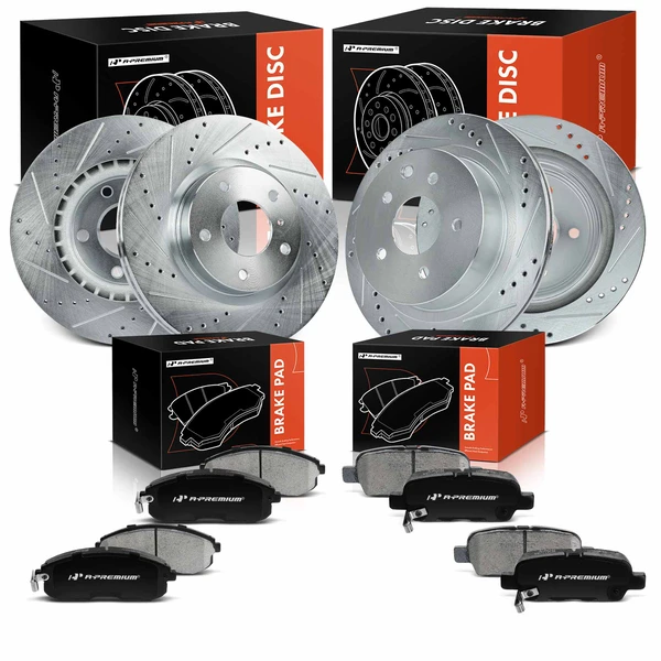 2003-2005 INFINITI G35 Drilled & Slotted Disc Brake Rotors and Ceramic Pads Kit, 12 Pcs, Front & Rear, A-Premium, APBRPS611