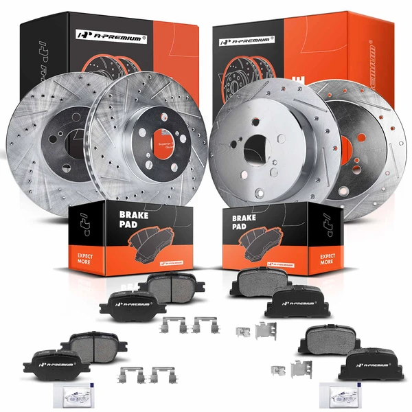 2005-2010 Scion tC Drilled & Slotted Disc Brake Rotors and Ceramic Pads Kit, 12 Pcs, Front & Rear, A-Premium, APBRPS104