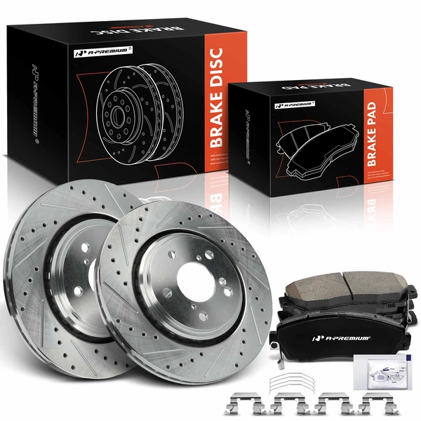 2019-2021 Honda Passport Drilled & Slotted Disc Brake Rotors and Ceramic Pads Kit, 6 Pcs, Front Driver & Passenger, A-Premium, APBRPS1224