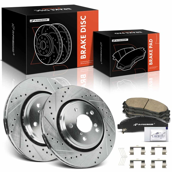 2017-2023 Honda Ridgeline Drilled & Slotted Disc Brake Rotors and Ceramic Pads Kit, 6 Pcs, Front Driver & Passenger, A-Premium, APBRPS1225