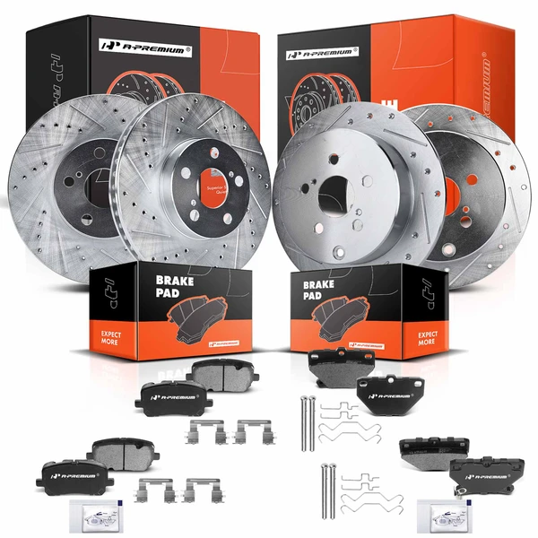 2003-2006 Pontiac Vibe Drilled & Slotted Disc Brake Rotors and Ceramic Pads Kit, 12 Pcs, Front & Rear, A-Premium, APBRPS105