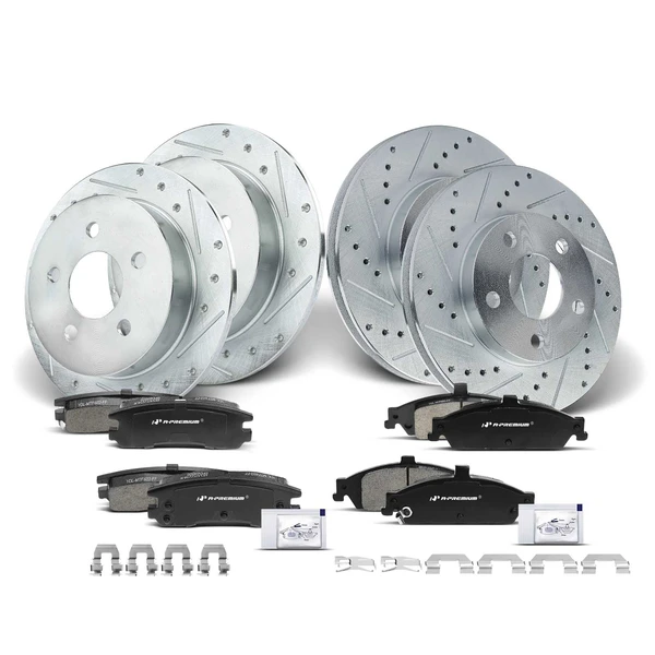 Drilled & Slotted Disc Brake Rotors and Ceramic Pads Kit, 12 Pcs, Front & Rear, A-Premium, APBRPS106
