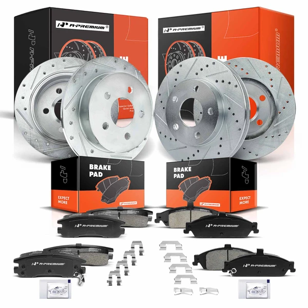 1999-2005 Pontiac Grand Am Drilled & Slotted Disc Brake Rotors and Ceramic Pads Kit, 12 Pcs, Front & Rear, A-Premium, APBRPS106