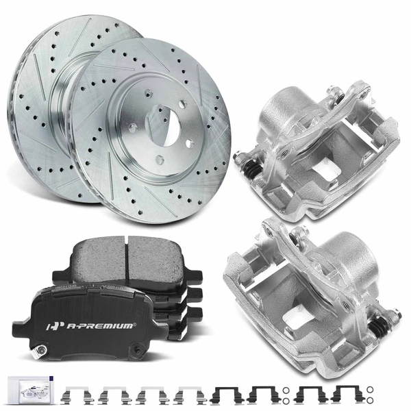 2004-2007 Saturn Ion Drilled & Slotted Disc Brake Rotors and Ceramic Pads Kit with Calipers, 8 Pcs, Front Driver & Passenger, A-Premium, APBRPS520