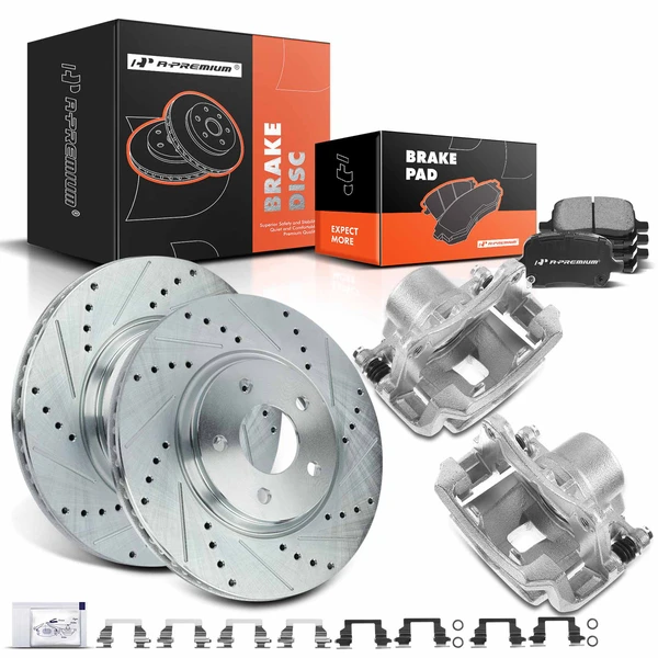 Drilled & Slotted Disc Brake Rotors and Ceramic Pads Kit with Calipers, 8 Pcs, Front Driver & Passenger, A-Premium, APBRPS520