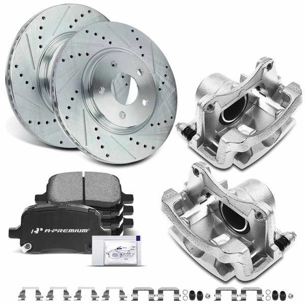 2007-2009 Saturn Aura Drilled & Slotted Disc Brake Rotors and Ceramic Pads Kit with Calipers, 8 Pcs, Front Driver & Passenger, A-Premium, APBRPS521
