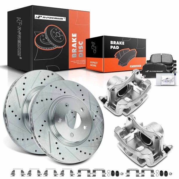 2004-2012 Chevrolet Malibu Drilled & Slotted Disc Brake Rotors and Ceramic Pads Kit with Calipers, 8 Pcs, Front Driver & Passenger, A-Premium, APBRPS521