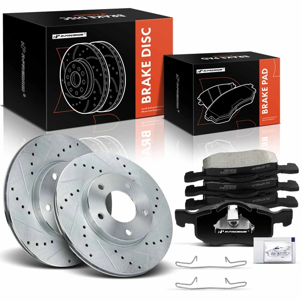 2001-2007 Ford Escape Drilled & Slotted Disc Brake Rotors and Ceramic Pads Kit, 6 Pcs, Front Driver & Passenger, A-Premium, APBRPS367