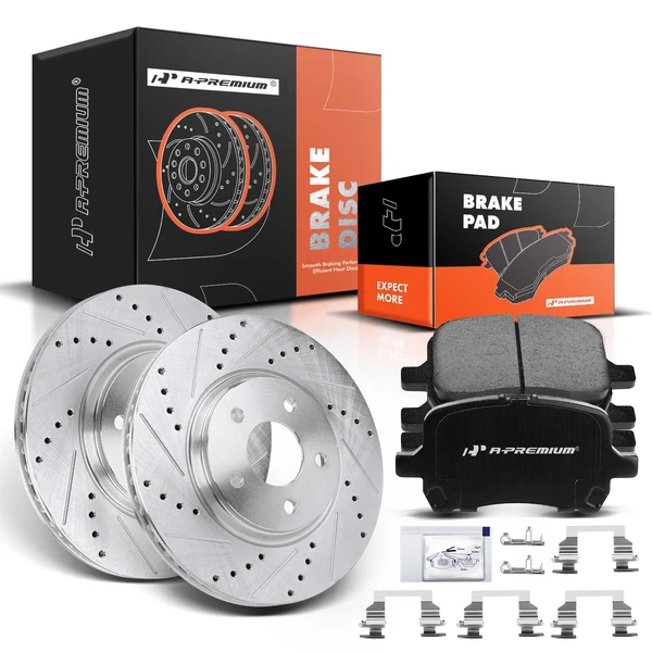 2007-2009 Pontiac G5 Drilled & Slotted Disc Brake Rotors and Ceramic Pads Kit, 6 Pcs, Front Driver & Passenger, A-Premium, APBRPS273