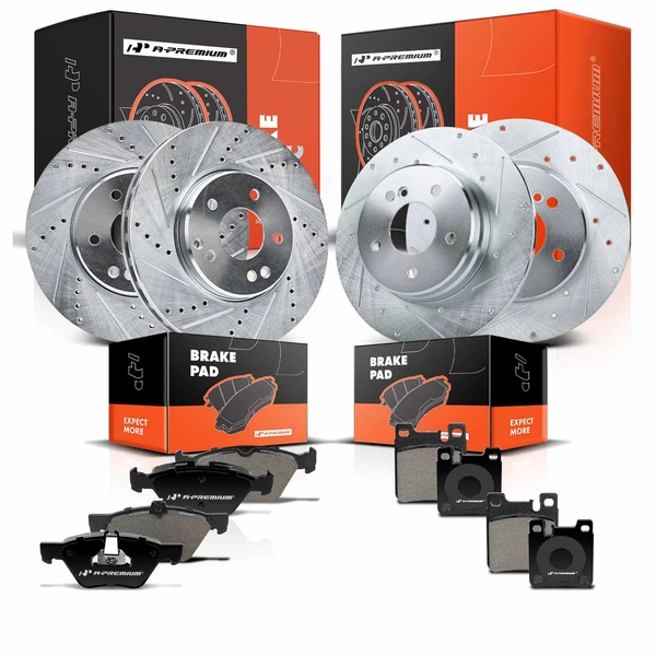 Drilled & Slotted Disc Brake Rotors and Ceramic Pads Kit, 12 Pcs, Front & Rear, A-Premium, APBRPS1052