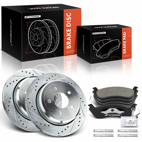 2003-2011 Mercury Grand Marquis Drilled & Slotted Disc Brake Rotors and Ceramic Pads Kit, 6 Pcs, Rear Driver & Passenger, A-Premium, APBRPS377