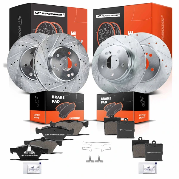 Drilled & Slotted Disc Brake Rotors and Ceramic Pads Kit, 12 Pcs, Front & Rear, A-Premium, APBRPS962