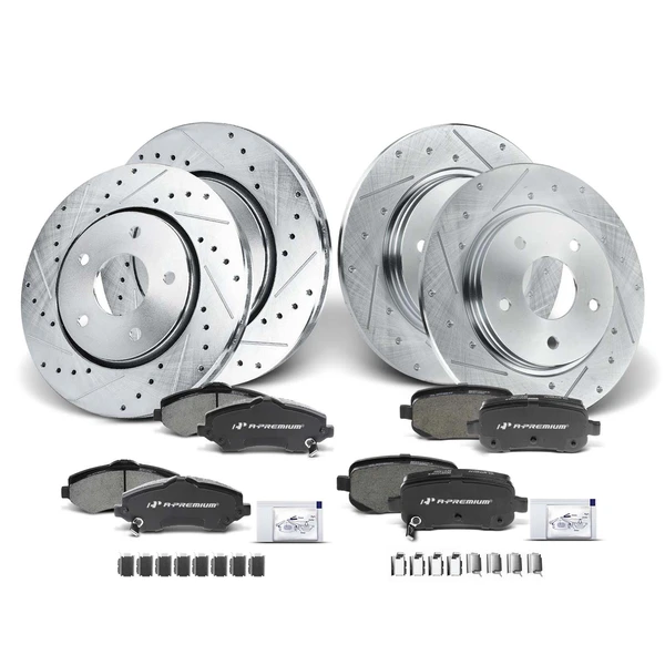 Drilled & Slotted Disc Brake Rotors and Ceramic Pads Kit, 12 Pcs, Front & Rear, A-Premium, APBRPS229