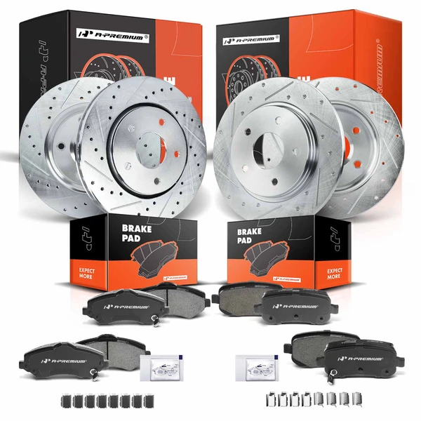 2008-2012 Chrysler Town & Country Drilled & Slotted Disc Brake Rotors and Ceramic Pads Kit, 12 Pcs, Front & Rear, A-Premium, APBRPS229