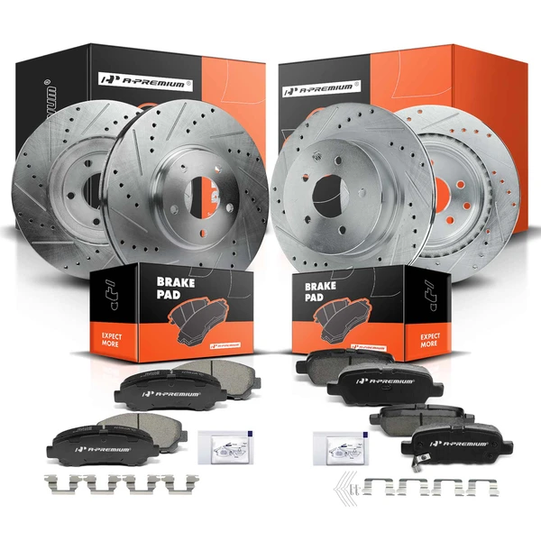 Drilled & Slotted Disc Brake Rotors and Ceramic Pads Kit, 12 Pcs, Front & Rear, A-Premium, APBRPS108