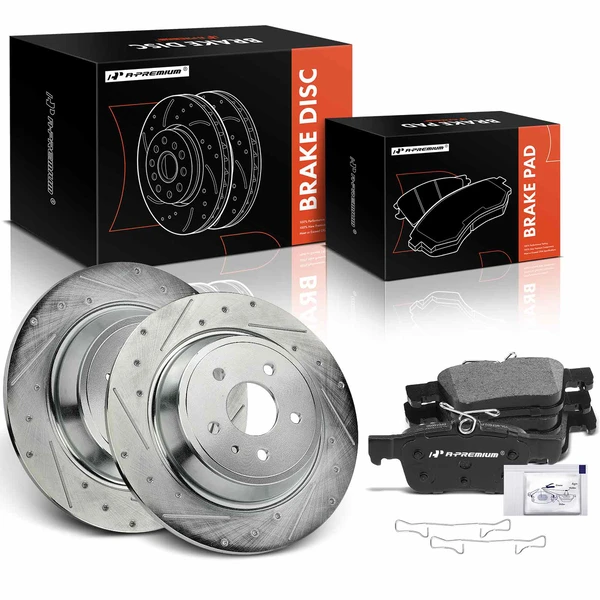2015-2019 Lincoln MKC Drilled & Slotted Disc Brake Rotors and Ceramic Pads Kit, 6 Pcs, Rear Driver & Passenger, A-Premium, APBRPS1240