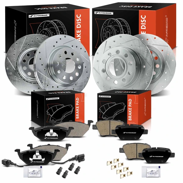 2012-2013 Volkswagen Jetta Drilled & Slotted Disc Brake Rotors and Ceramic Pads Kit, 12 Pcs, Front & Rear, A-Premium, APBRPS1427