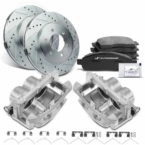 Drilled & Slotted Disc Brake Rotors and Ceramic Pads Kit with Calipers, 8 Pcs, Front Driver & Passenger, A-Premium, APBRPS522