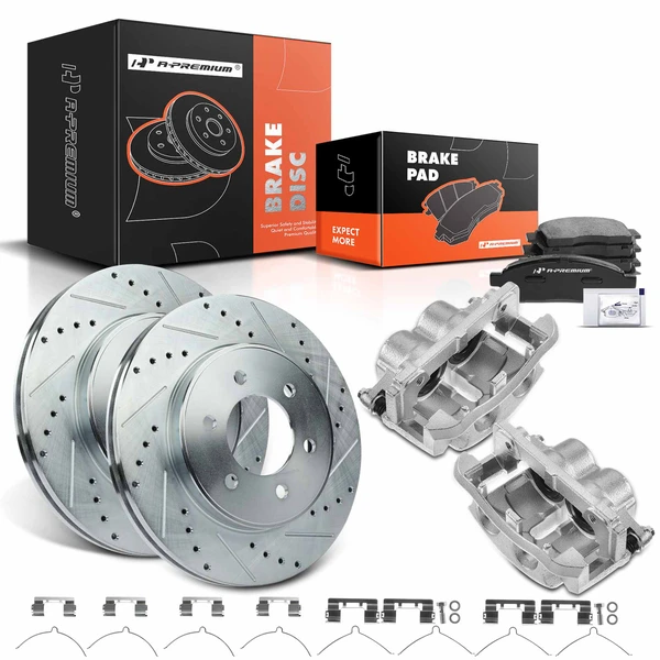 Drilled & Slotted Disc Brake Rotors and Ceramic Pads Kit with Calipers, 8 Pcs, Front Driver & Passenger, A-Premium, APBRPS522
