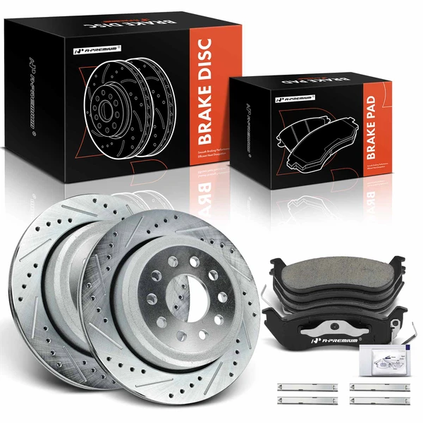2003-2011 Lincoln Town Car Drilled & Slotted Disc Brake Rotors and Ceramic Pads Kit, 6 Pcs, Rear Driver & Passenger, A-Premium, APBRPS374