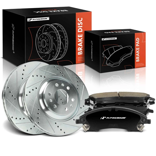 2004-2009 Cadillac SRX Drilled & Slotted Disc Brake Rotors and Ceramic Pads Kit, 6 Pcs, Front Driver & Passenger, A-Premium, APBRPS1426