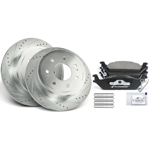 2006-2008 Lincoln Mark LT Drilled & Slotted Disc Brake Rotors and Ceramic Pads Kit, 6 Pcs, Rear Driver & Passenger, A-Premium, APBRPS1239