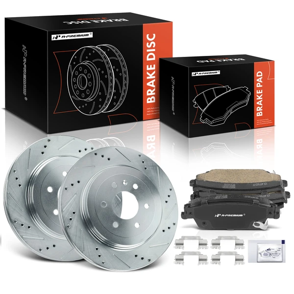 2004-2009 Cadillac SRX Drilled & Slotted Disc Brake Rotors and Ceramic Pads Kit, 6 Pcs, Rear Driver & Passenger, A-Premium, APBRPS1384