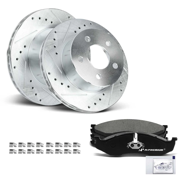 1990-1999 Jeep Cherokee Drilled & Slotted Disc Brake Rotors and Ceramic Pads Kit, 6 Pcs, Front Driver & Passenger, A-Premium, APBRPS615