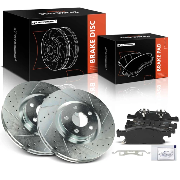 2017-2020 Lincoln Continental Drilled & Slotted Disc Brake Rotors and Ceramic Pads Kit, 6 Pcs, Front Driver & Passenger, A-Premium, APBRPS1255