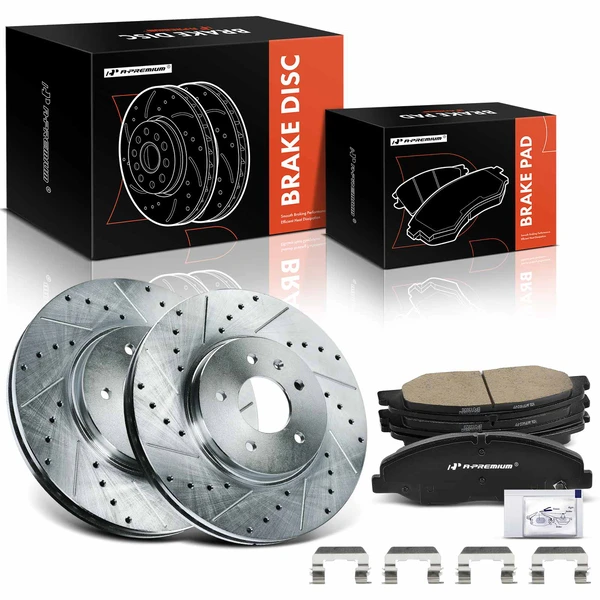 2009-2011 Cadillac STS Drilled & Slotted Disc Brake Rotors and Ceramic Pads Kit, 6 Pcs, Front Driver & Passenger, A-Premium, APBRPS1256