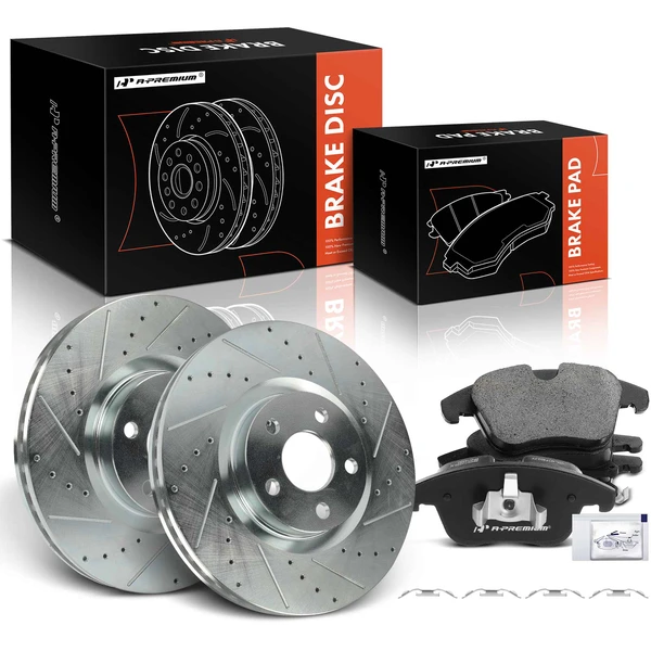2019-2020 Ford Police Responder Hybrid Drilled & Slotted Disc Brake Rotors and Ceramic Pads Kit, 6 Pcs, Front Driver & Passenger, A-Premium, APBRPS1257