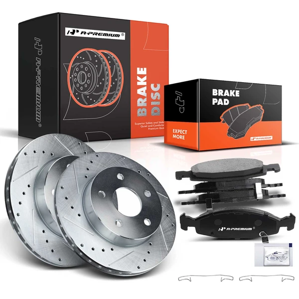 1999-2002 Jeep Grand Cherokee Drilled & Slotted Disc Brake Rotors and Ceramic Pads Kit, 6 Pcs, Front Driver & Passenger, A-Premium, APBRPS230