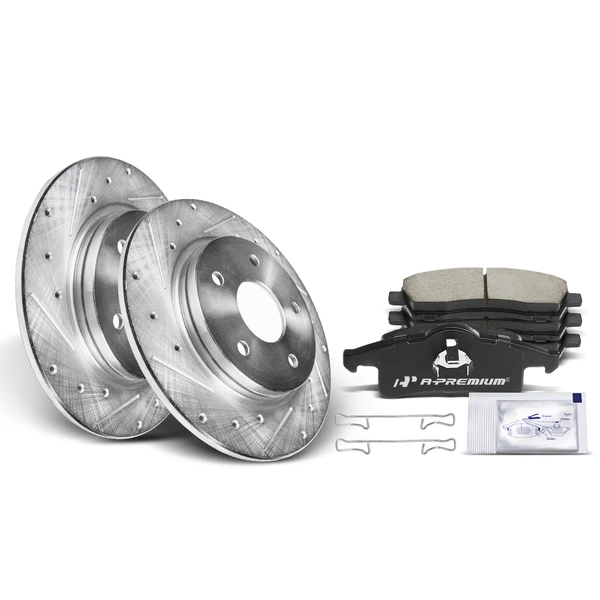 Drilled & Slotted Disc Brake Rotors and Ceramic Pads Kit, 6 Pcs, Rear Driver & Passenger, A-Premium, APBRPS016