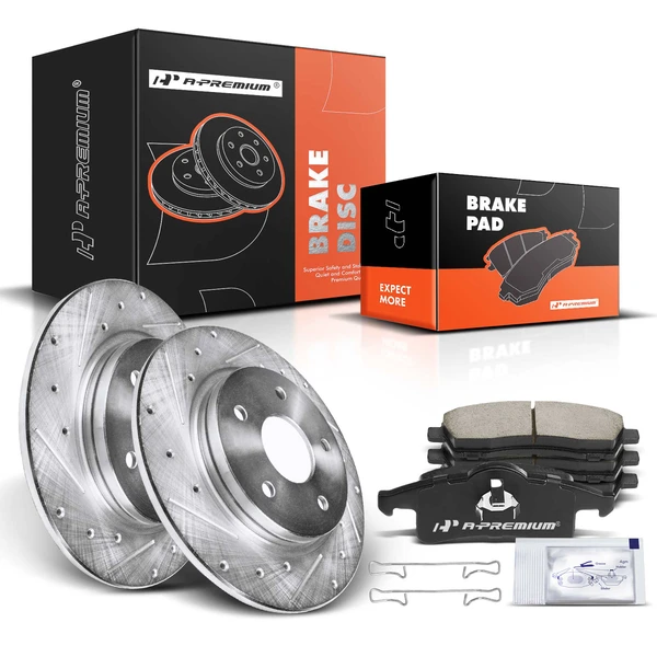 1999-2004 Jeep Grand Cherokee Drilled & Slotted Disc Brake Rotors and Ceramic Pads Kit, 6 Pcs, Rear Driver & Passenger, A-Premium, APBRPS016