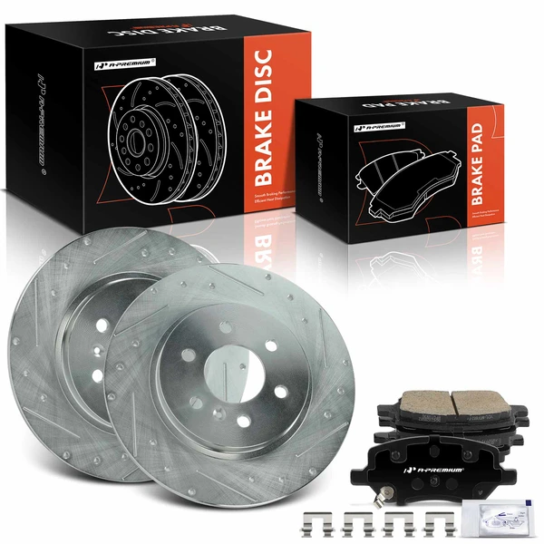 2006-2009 Chevrolet Uplander Drilled & Slotted Disc Brake Rotors and Ceramic Pads Kit, 6 Pcs, Rear Driver & Passenger, A-Premium, APBRPS1385