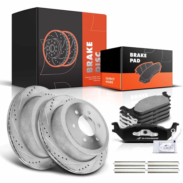 2006-2008 Lincoln Mark LT Drilled & Slotted Disc Brake Rotors and Ceramic Pads Kit, 6 Pcs, Rear Driver & Passenger, A-Premium, APBRPS110