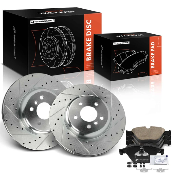 2012-2016 BMW ActiveHybrid 5 Drilled & Slotted Disc Brake Rotors and Ceramic Pads Kit, 6 Pcs, Front Driver & Passenger, A-Premium, APBRPS1262