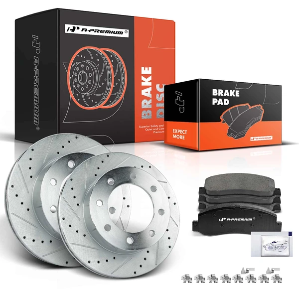 2010-2012 Ford F-450 Super Duty Drilled & Slotted Disc Brake Rotors and Ceramic Pads Kit, 6 Pcs, Front Driver & Passenger, A-Premium, APBRPS113