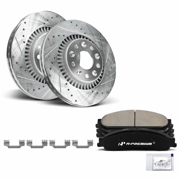 2008-2009 Ford Taurus Drilled & Slotted Disc Brake Rotors and Ceramic Pads Kit, 6 Pcs, Front Driver & Passenger, A-Premium, APBRPS967