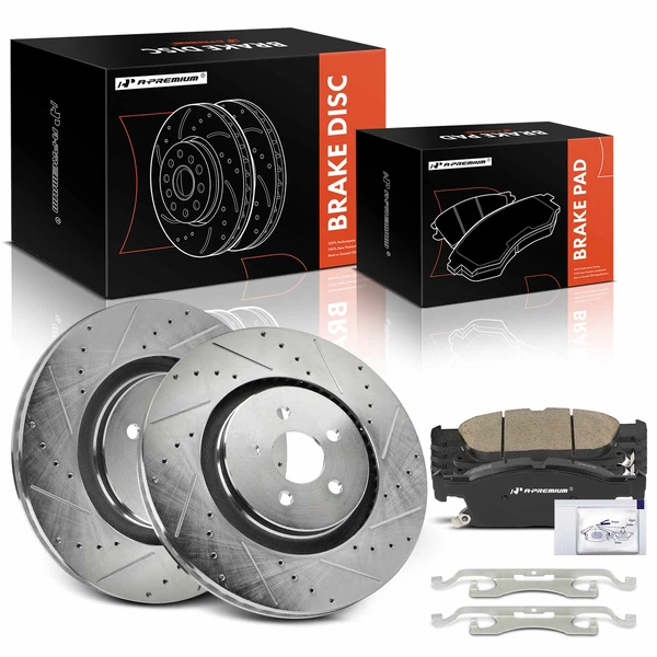 2019-2023 Lincoln Nautilus Drilled & Slotted Disc Brake Rotors and Ceramic Pads Kit, 6 Pcs, Front Driver & Passenger, A-Premium, APBRPS1258