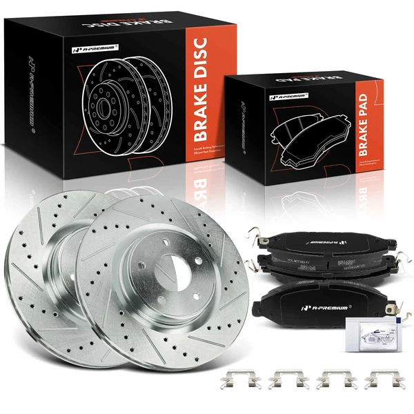 2013-2020 Nissan Pathfinder Drilled & Slotted Disc Brake Rotors and Ceramic Pads Kit, 6 Pcs, Front Driver & Passenger, A-Premium, APBRPS1260