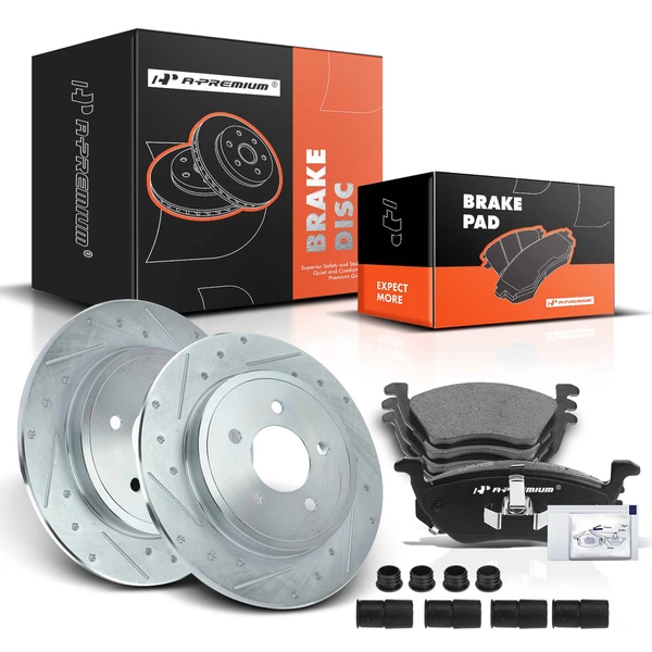 2005-2008 Ford Escape Drilled & Slotted Disc Brake Rotors and Ceramic Pads Kit, 6 Pcs, Rear Driver & Passenger, A-Premium, APBRPS275